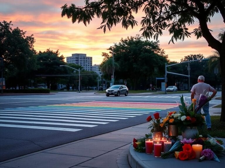 Flick International Serene twilight scene of a grey crosswalk in Orlando, Florida, stripped of rainbow colors, with flowers and candles in the foreground honoring Pulse victims
