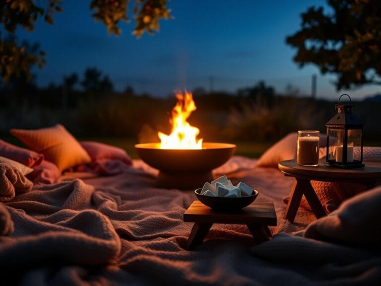 Flick International Cozy portable fire pit glowing softly in a serene outdoor setting at dusk.