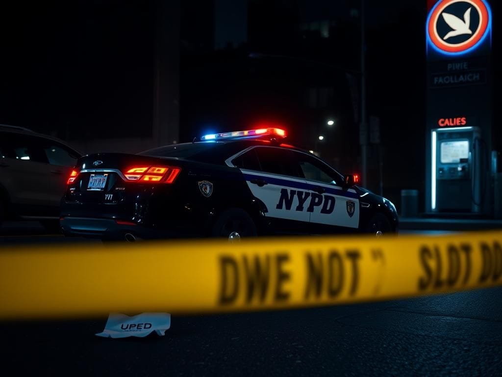 Flick International NYPD police vehicle with flashing lights at a crime scene in New York City