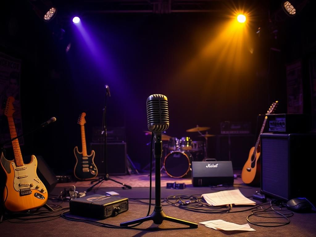 Flick International A dimly lit stage featuring a vintage microphone surrounded by musical instruments, symbolizing Ozzy Osbourne's final performance.