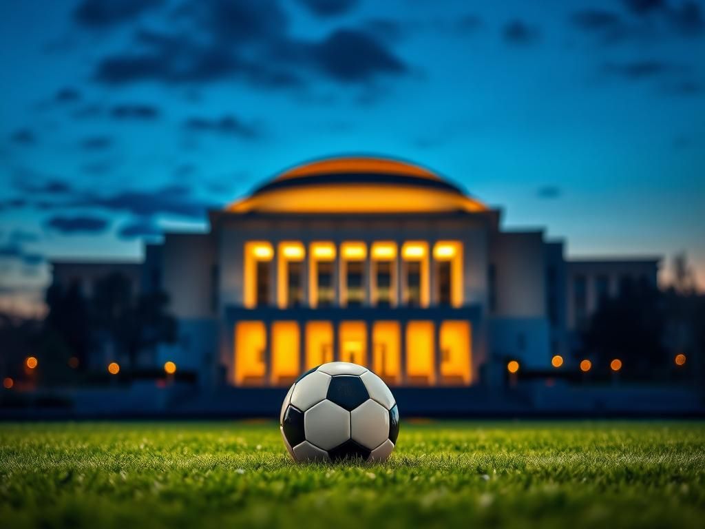 Flick International Grand view of the illuminated Kennedy Center with a soccer ball on grass, symbolizing the FIFA World Cup draw