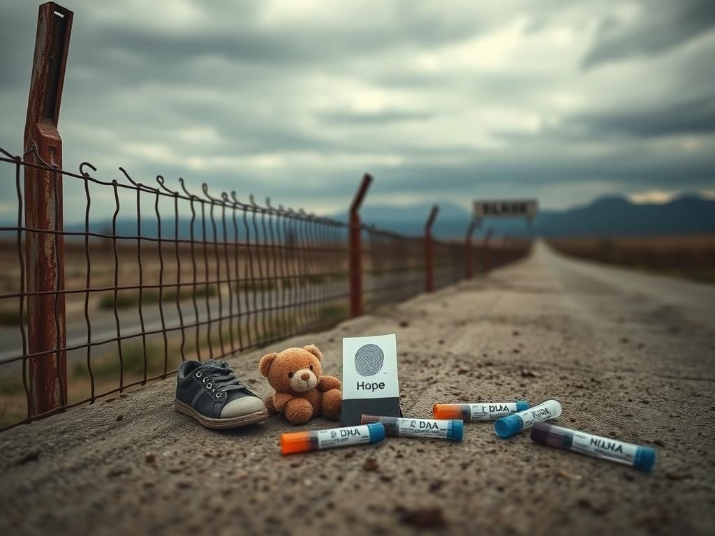Flick International A somber border checkpoint scene with a rusted fence and items symbolizing child trafficking prevention
