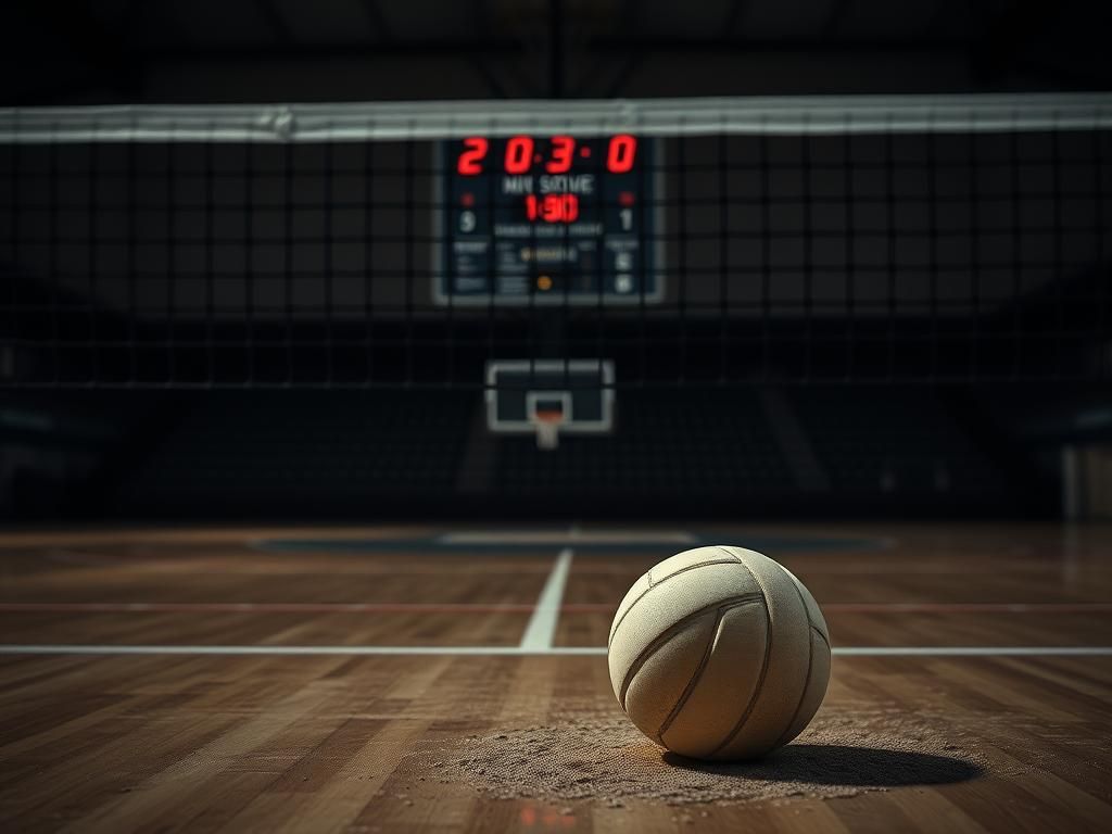 Flick International A dramatic volleyball scene depicting tension in a dimly lit gym with a torn net and an abandoned volleyball on the ground.