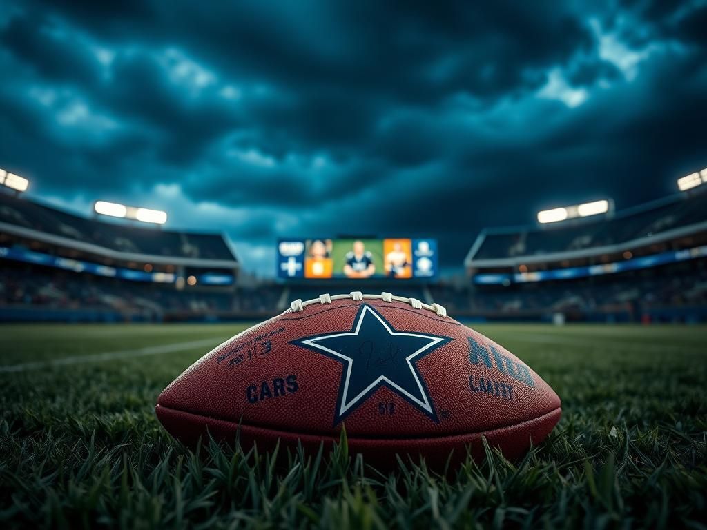 Flick International Twilight scene of a football stadium with the Dallas Cowboys logo and a weathered football on the grass