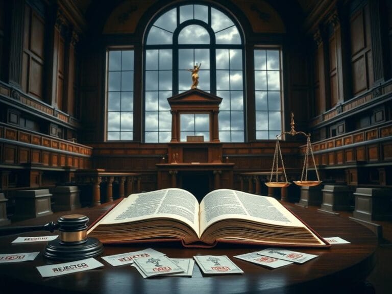 Flick International Dramatic courtroom scene featuring an open law book, gavel, and scales of justice