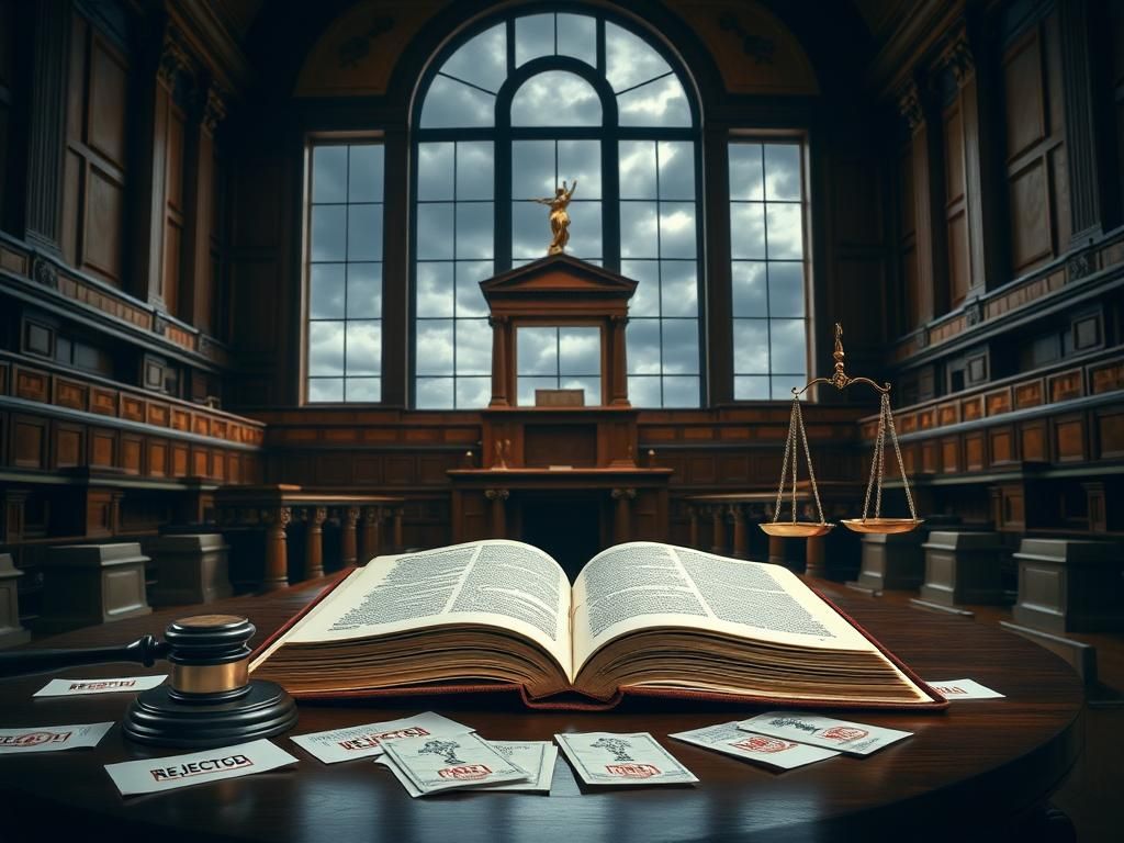 Flick International Dramatic courtroom scene featuring an open law book, gavel, and scales of justice