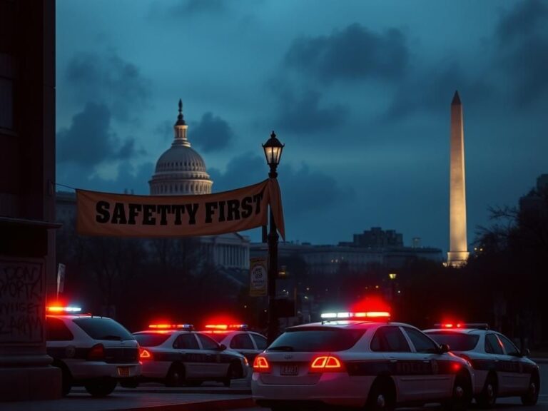 Flick International A dramatic urban landscape of Washington D.C. at dusk, featuring the Capitol Dome and Washington Monument amidst a haze of smoke.