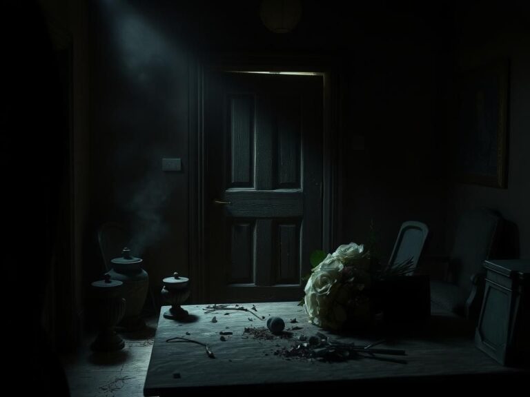 Flick International Dimly lit funeral home interior featuring a decaying wooden door and neglected funeral items