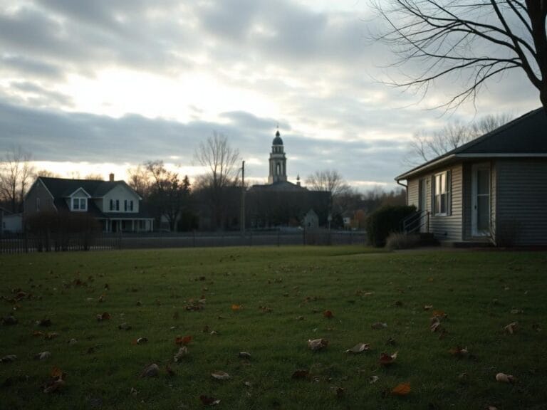 Flick International A quiet suburban neighborhood in Maryland at dawn with a faded green lawn and autumn leaves