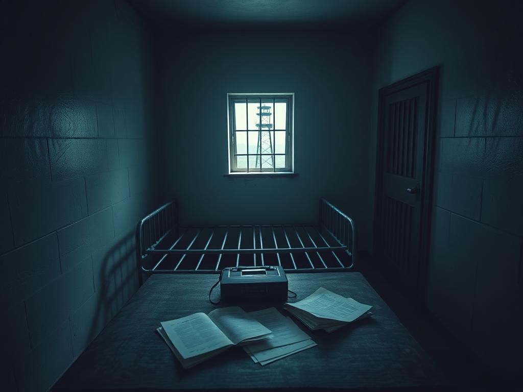 Flick International Dimly-lit prison cell with a metal cot and a dusty tape recorder reflecting on Ghislaine Maxwell's case
