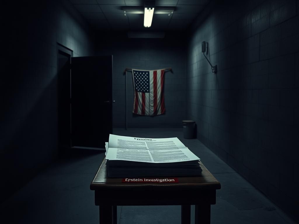Flick International Dimly lit prison interior with a heavy metal door and government documents hinting at the Epstein investigation