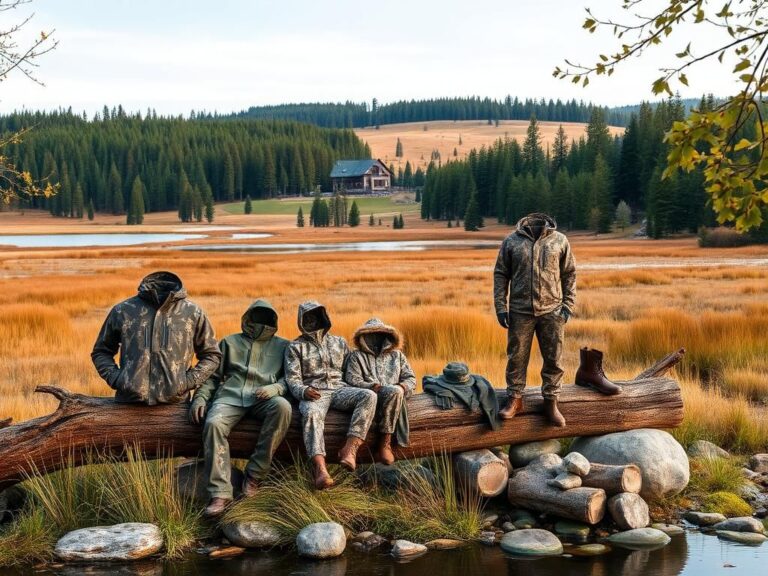 Flick International A serene wilderness landscape with camo gear blending into nature, featuring jackets, pants, and boots on logs and rocks.