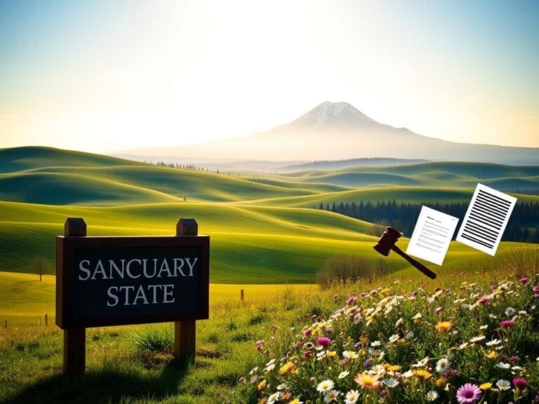 Flick International Historic wooden sign reading 'Sanctuary State' beside a blooming wildflower meadow in Oregon's serene landscape