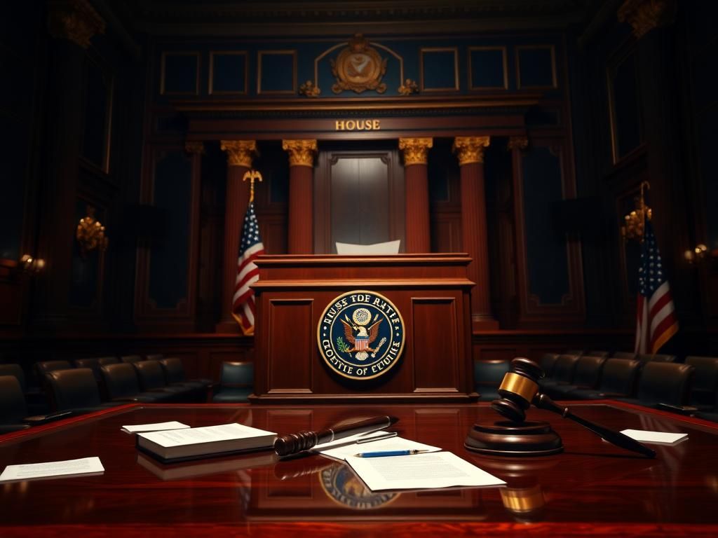 Flick International Empty congressional lectern in a dimly lit chamber, reflecting political tension