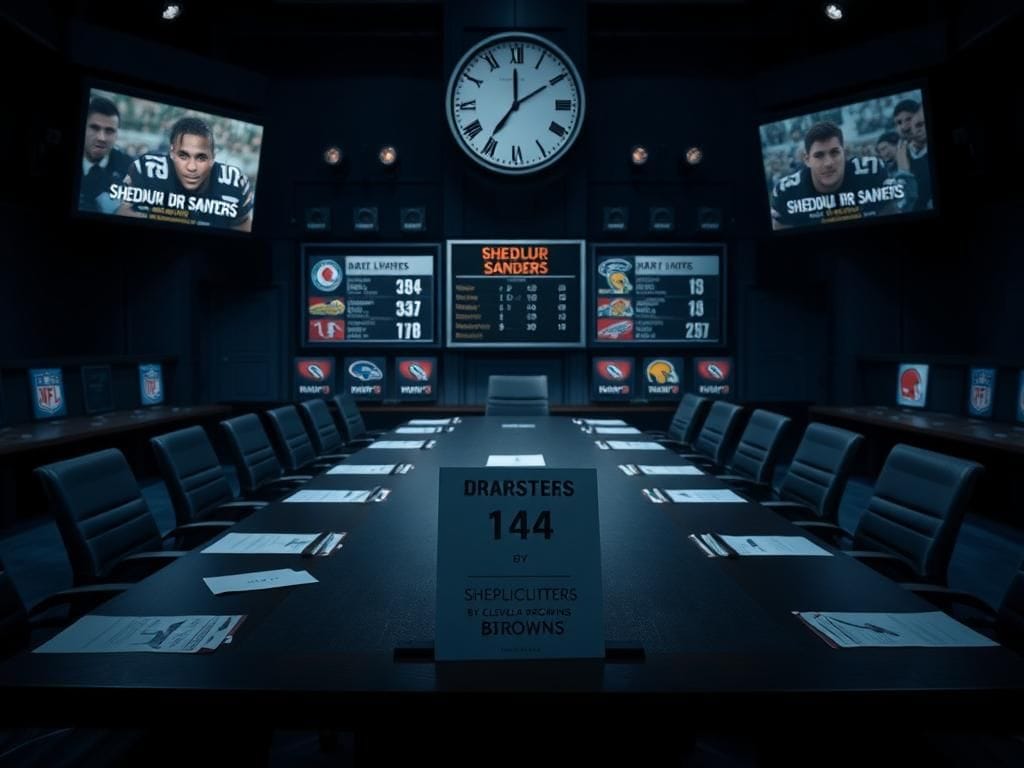 Flick International Dimly lit NFL draft room with team logos and Shedeur Sanders' highlights on display