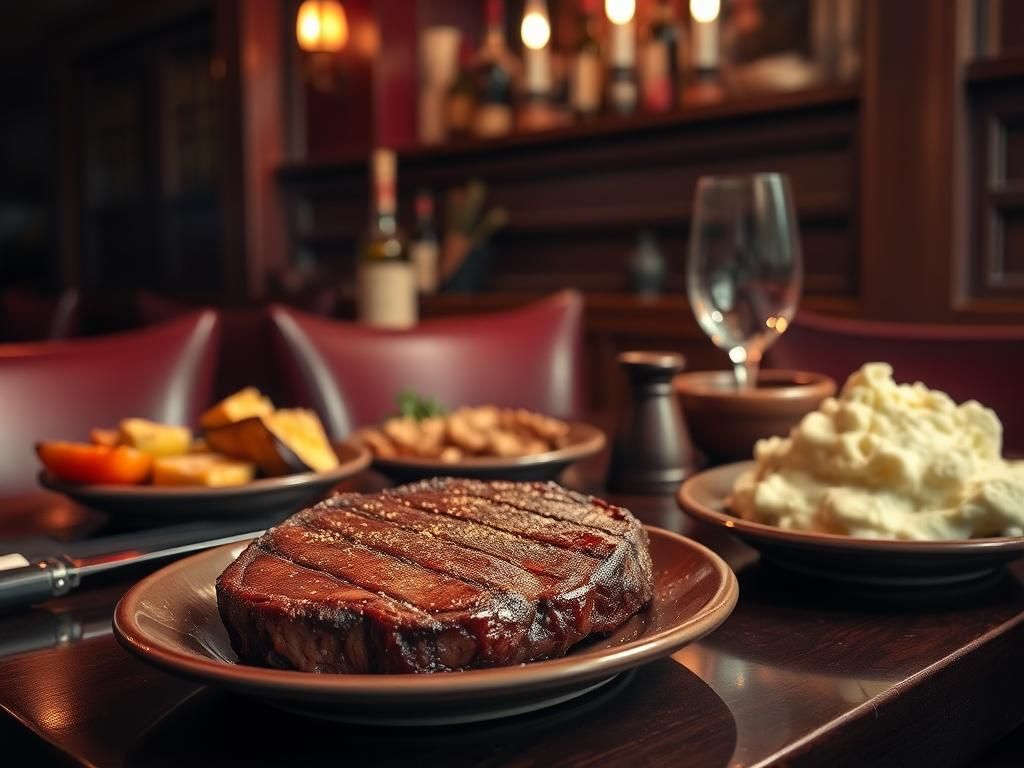 Flick International A beautifully arranged ribeye steak dinner with vibrant sides in a dimly-lit steakhouse