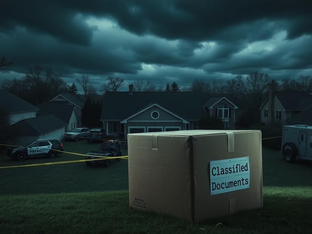 Flick International Aerial view of a suburban home with FBI agents and vehicles surrounding it