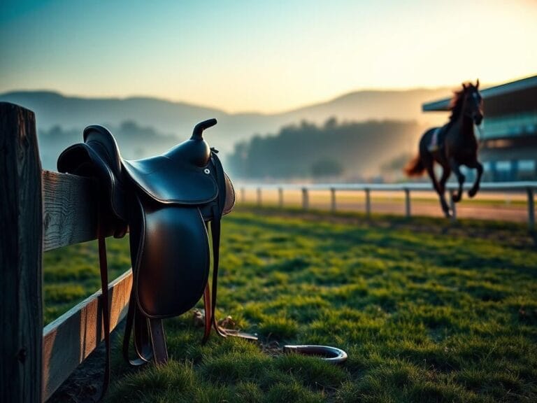 Flick International A serene racetrack at dawn with a polished saddle symbolizing a legendary jockey.