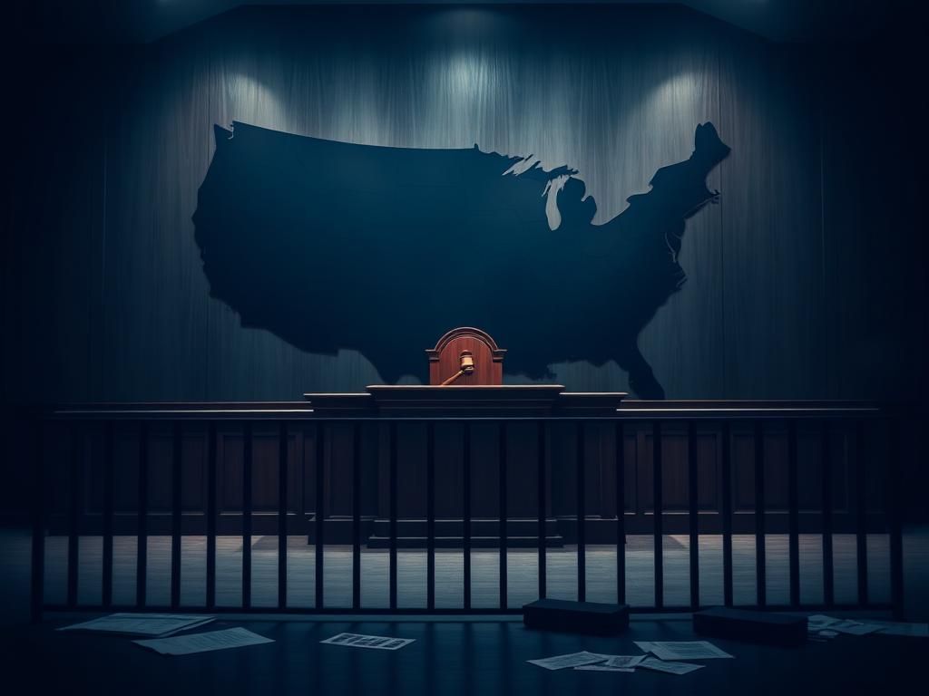 Flick International Empty, dimly lit courtroom symbolizing judicial decisions on immigration