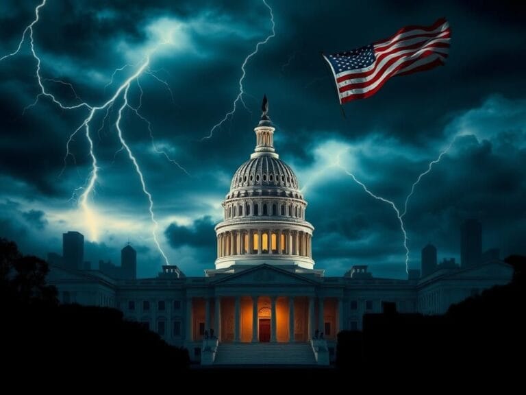 Flick International Silhouette of the U.S. Capitol Building against a stormy sky symbolizing political turmoil