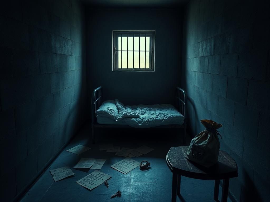 Flick International Dimly lit prison cell with cold concrete walls and a narrow barred window