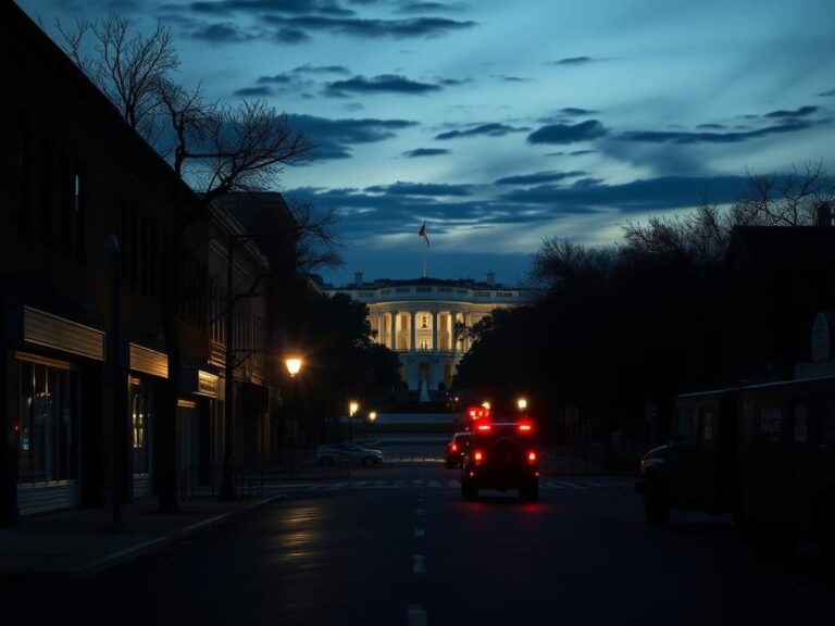 Flick International Somber urban landscape of Washington D.C. at dusk depicting crime and security contrasts