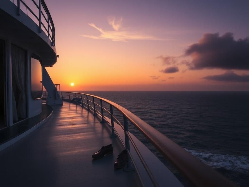 Flick International Mysterious view of a deserted cruise ship deck at twilight with abandoned women's shoes