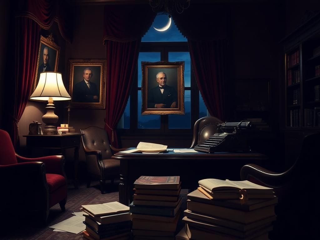 Flick International Dimly lit opulent office with dark wooden furniture and a vintage typewriter