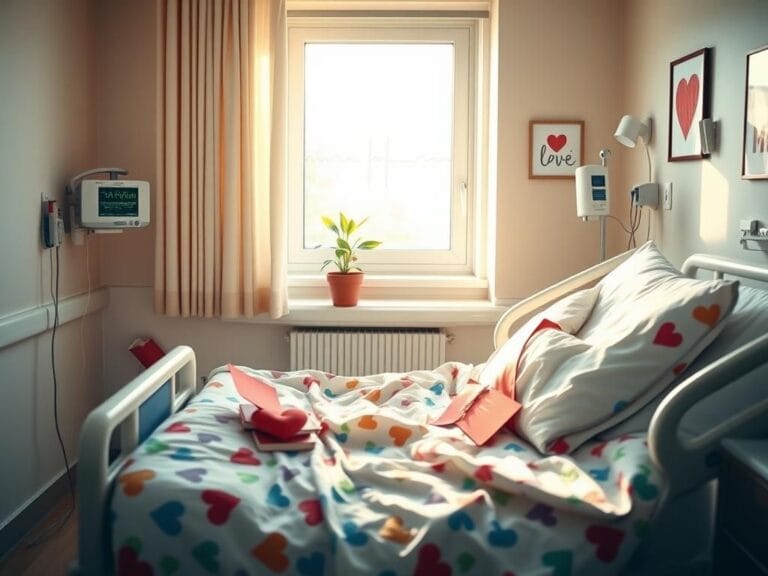 Flick International A serene hospital room showcasing an empty bed with cheerful bedding and heart-shaped decorations