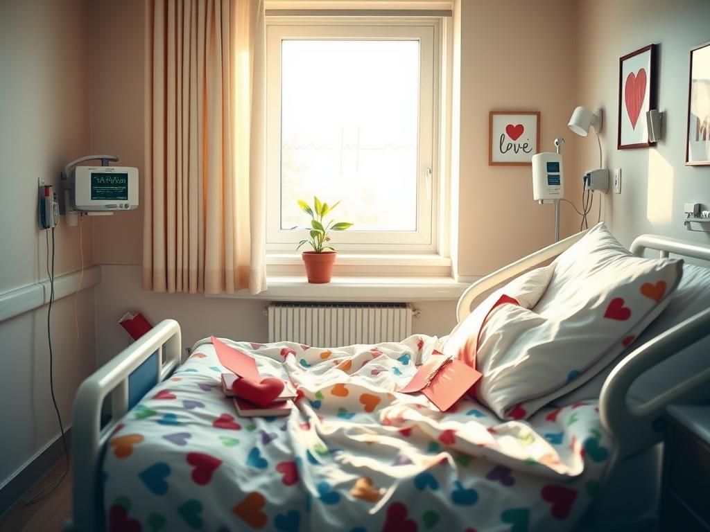Flick International A serene hospital room showcasing an empty bed with cheerful bedding and heart-shaped decorations