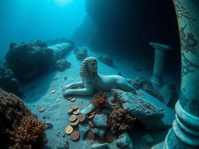 Flick International Ancient artifacts including a sphinx statue and Roman coins resting on the seafloor near Alexandria, Egypt