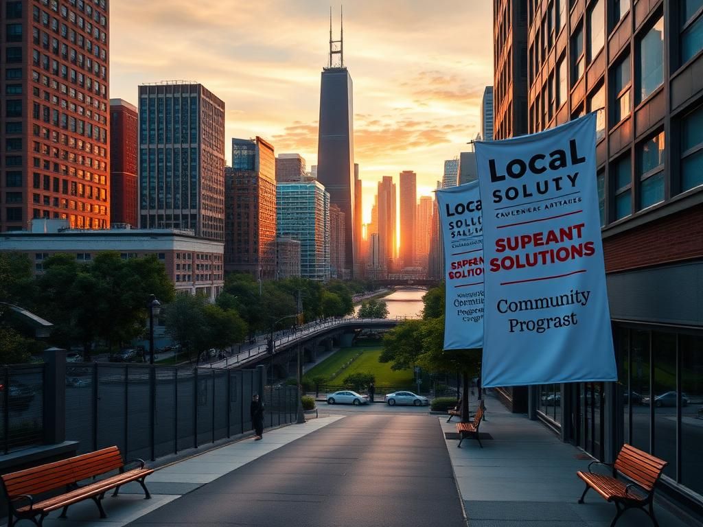 Flick International Aerial view of Chicago showcasing the Willis Tower and Chicago River amid a vibrant sunset.