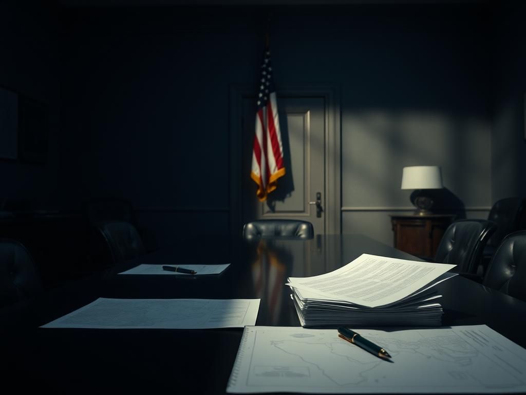 Flick International Empty conference table with official military reports and maps in a somber military office setting