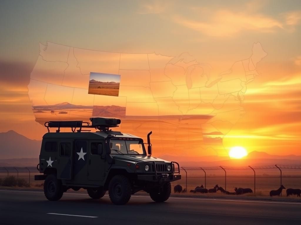 Flick International A military vehicle marked with National Guard insignia parked on a road against a backdrop of diverse American landscapes symbolizing mobilization across 19 states.