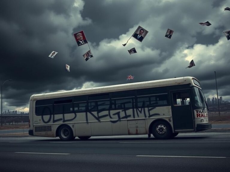 Flick International An abandoned bus labeled 'OLD REGIME' symbolizing political disillusionment