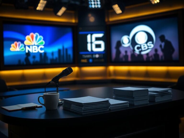 Flick International Dimly lit television studio desk with microphone and coffee cup, symbolizing late-night talk shows