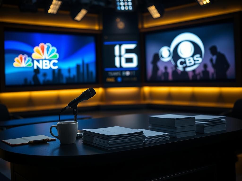 Flick International Dimly lit television studio desk with microphone and coffee cup, symbolizing late-night talk shows