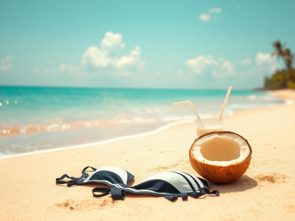 Flick International Vibrant black and white bikini laid out on a golden sandy beach in Miami