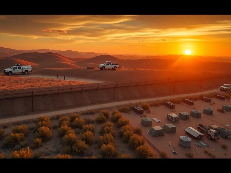 Flick International Aerial view of the U.S.-Mexico southern border showcasing rugged terrain and border patrol vehicles