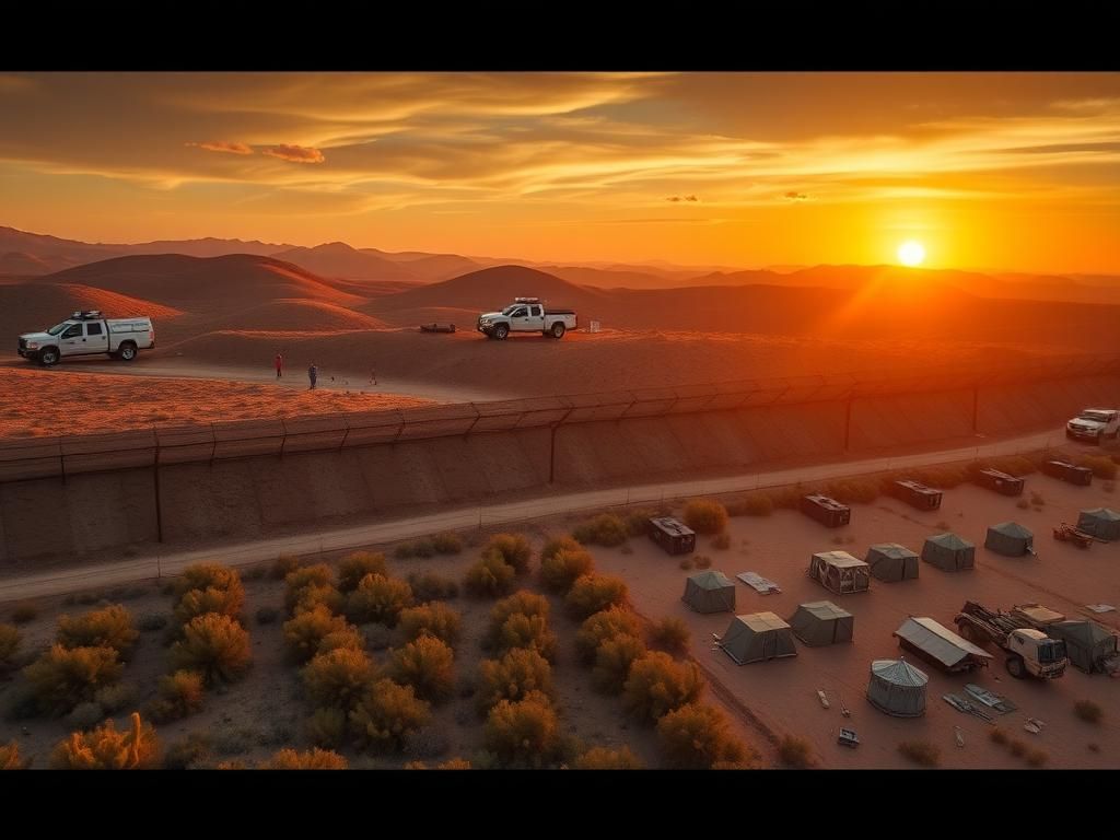 Flick International Aerial view of the U.S.-Mexico southern border showcasing rugged terrain and border patrol vehicles