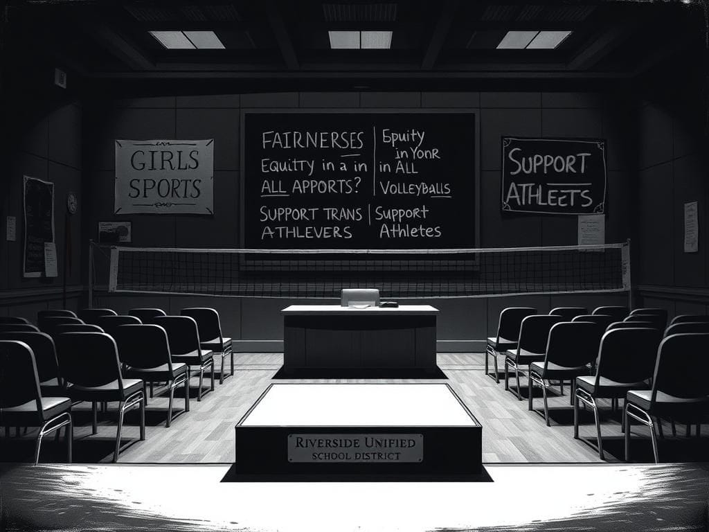 Flick International Empty school board meeting room with unoccupied chairs and a nameplate for Riverside Unified School District