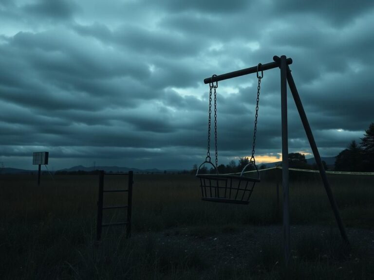Flick International Abandoned baby swing at a deserted playground symbolizing loss