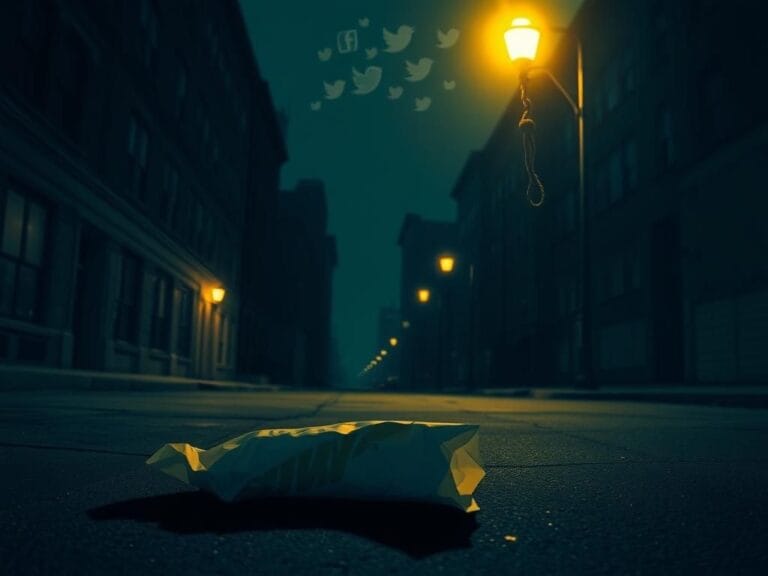 Flick International Dimly lit urban street at night with a crumpled Subway sandwich wrapper and a noose hanging from a lamppost