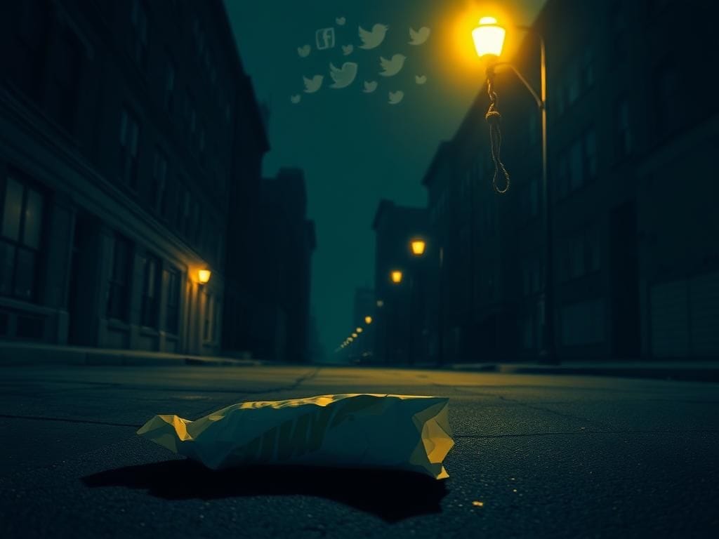 Flick International Dimly lit urban street at night with a crumpled Subway sandwich wrapper and a noose hanging from a lamppost