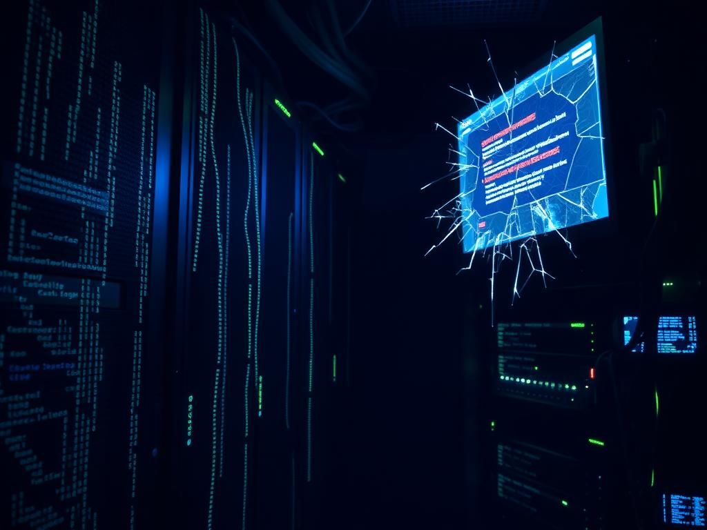 Flick International Dark, high-tech server room symbolizing cyber chaos and sabotage