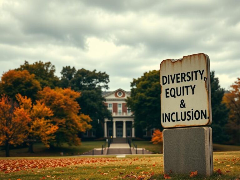 Flick International Autumn scene of George Mason University campus with a focus on a prominent building and a weathered signpost about Diversity, Equity & Inclusion