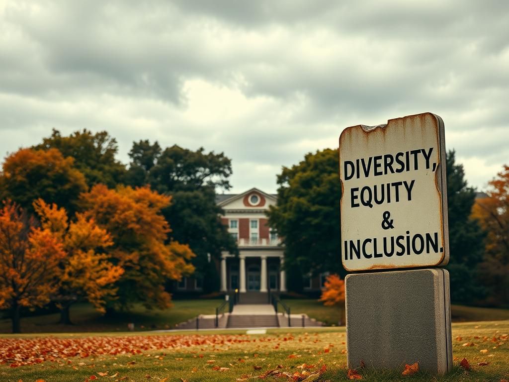 Flick International Autumn scene of George Mason University campus with a focus on a prominent building and a weathered signpost about Diversity, Equity & Inclusion