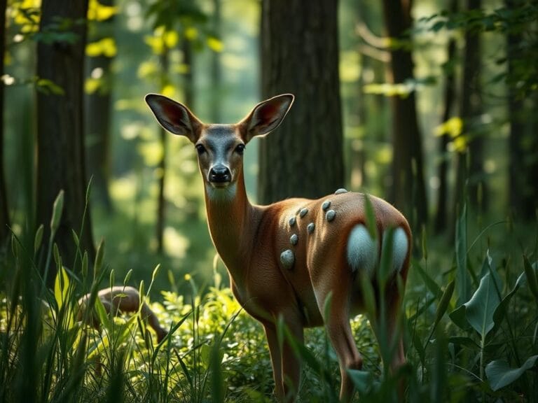 Flick International A close-up of a deer with fibromas standing in lush greenery