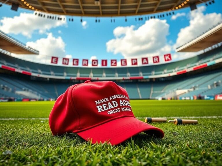 Flick International Red 'Make America Great Again' hat lying on the ground in the empty Energizer Park soccer stadium