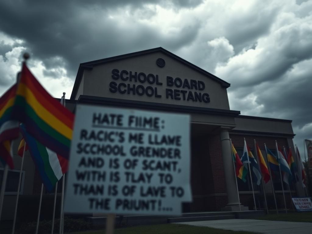 Flick International Protest sign outside school board meeting condemning racism against Lt. Gov. Winsome Earle-Sears